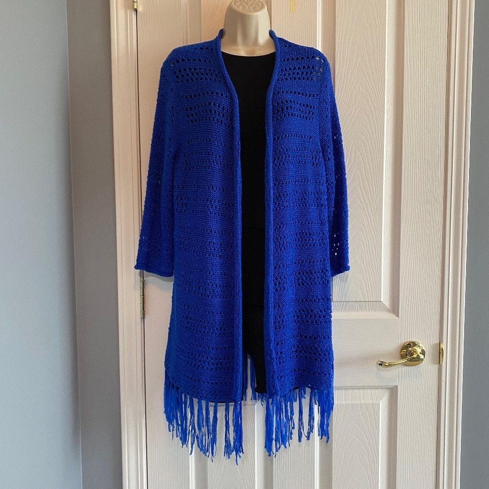 BUY 2 ITEMS & GET 1 FREE: Chico’s Travelers Blue Knit Fringe Cardigan Sz 12